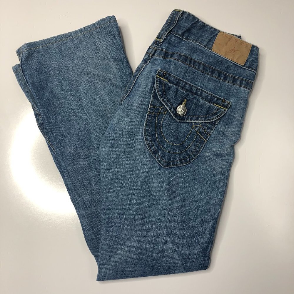 𝅺TRUE Religion 90s Low Rise Style Bootcut Medium Wash Blue Denim Jeans SIZE 25